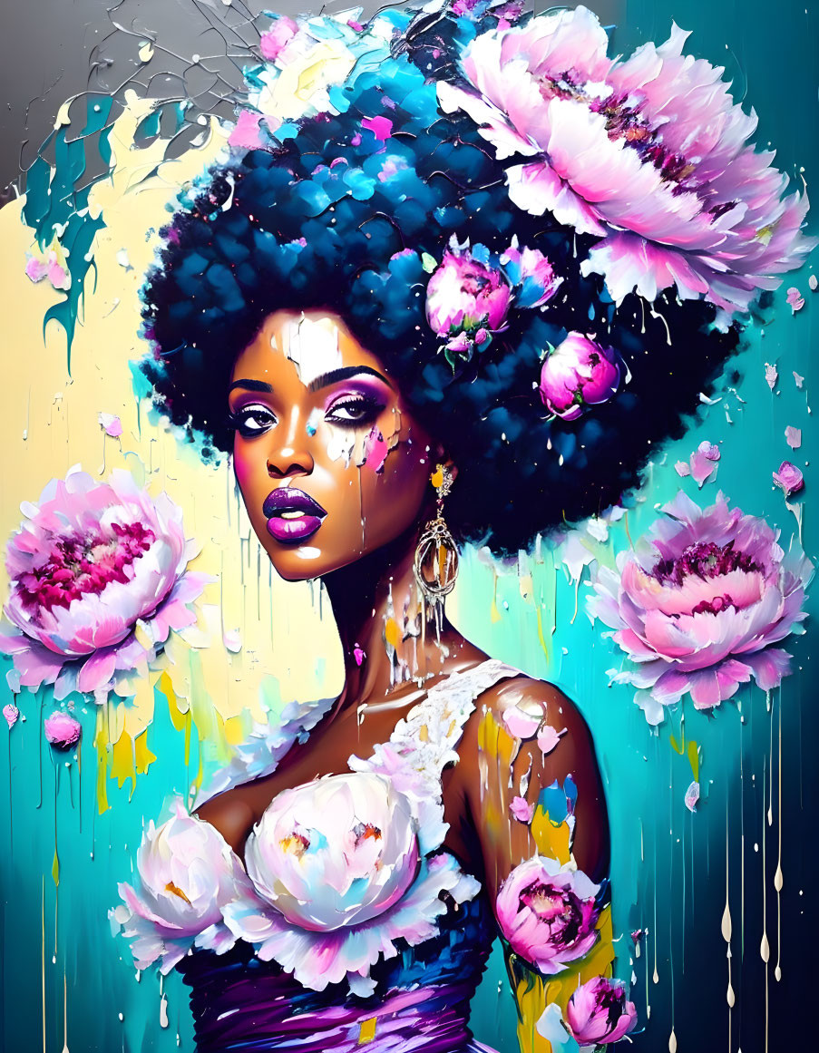 Colorful digital portrait of woman with afro and floral attire on turquoise backdrop