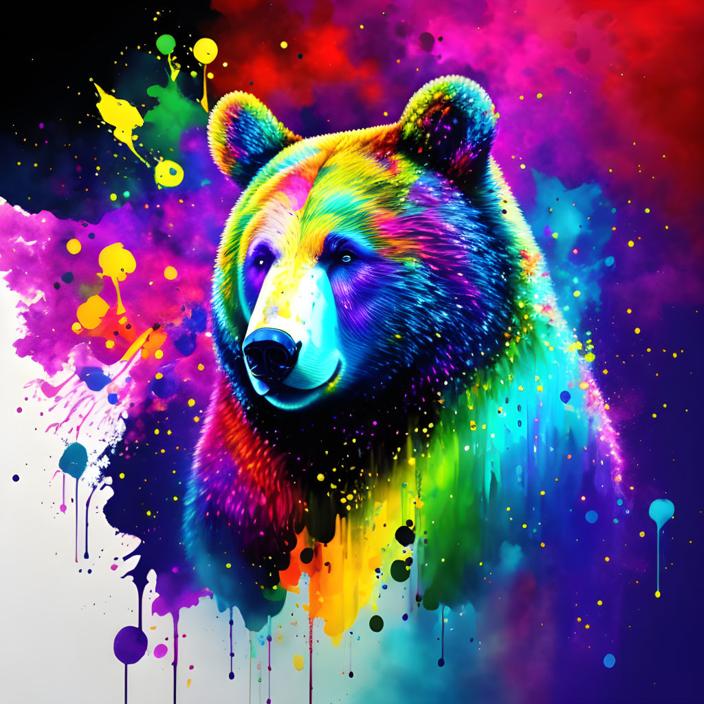 Colorful Neon Bear Artwork on Black Background