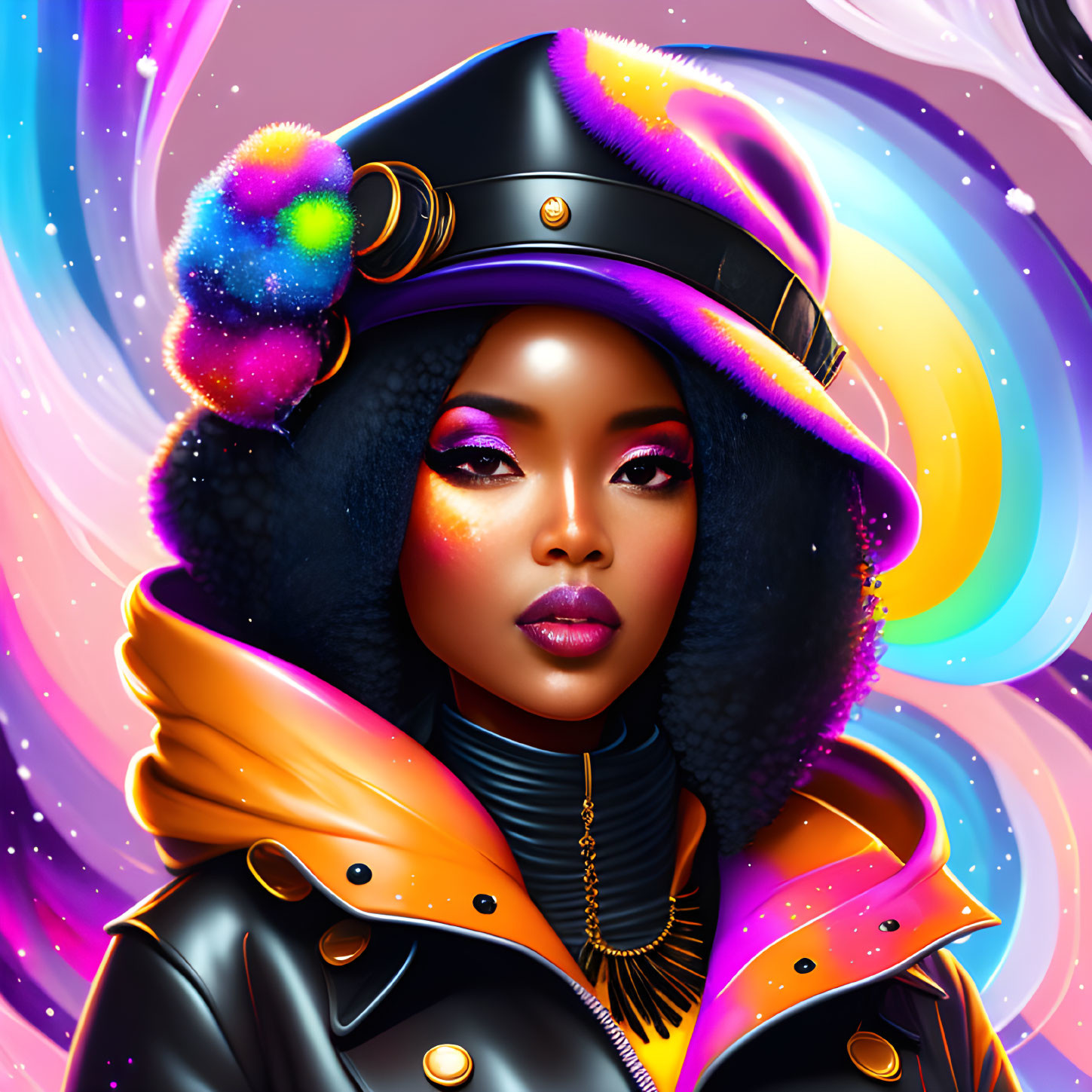 Vibrant makeup and eclectic outfit in cosmic-themed portrait.