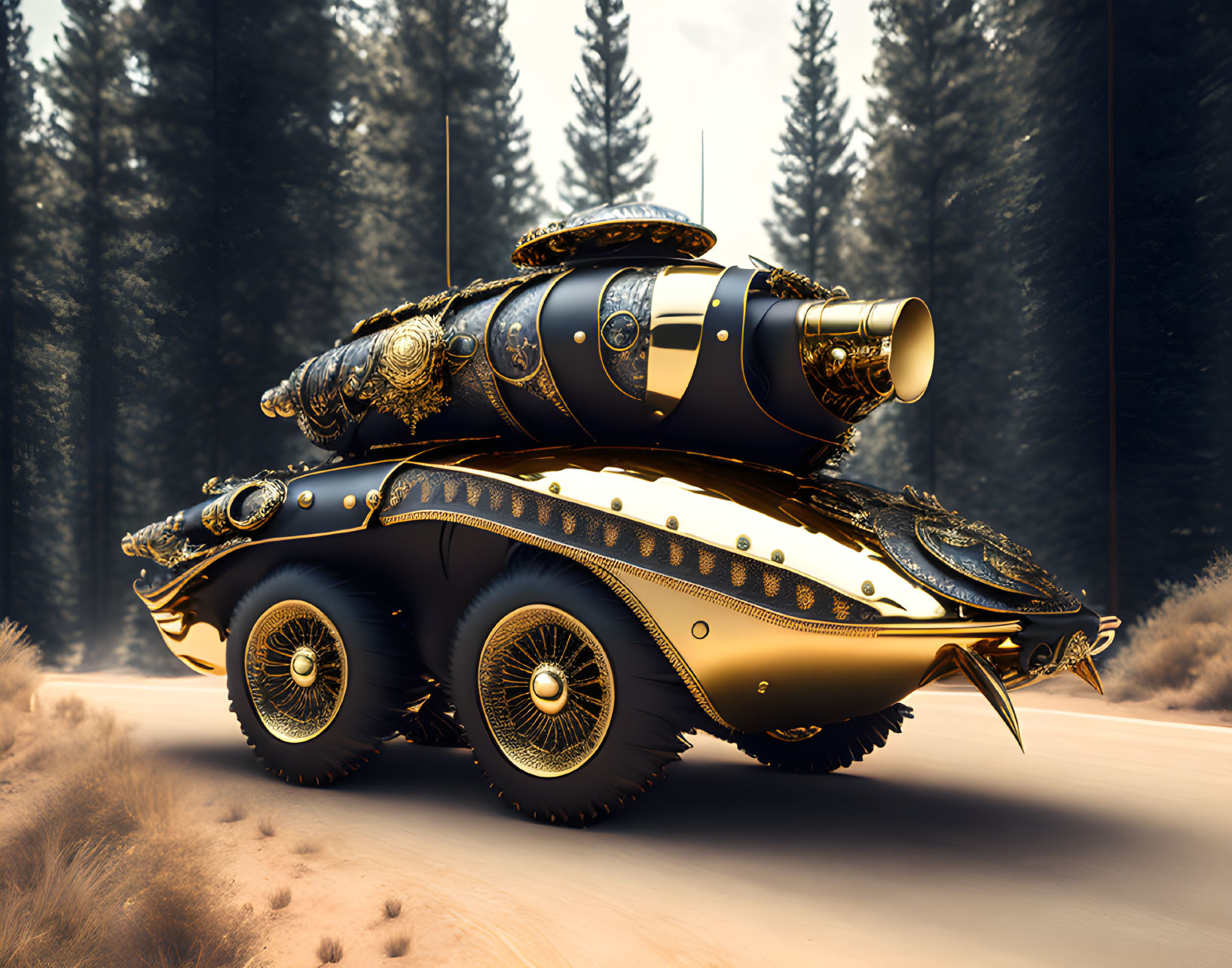 Stylized black and gold steampunk tank in sunlit forest