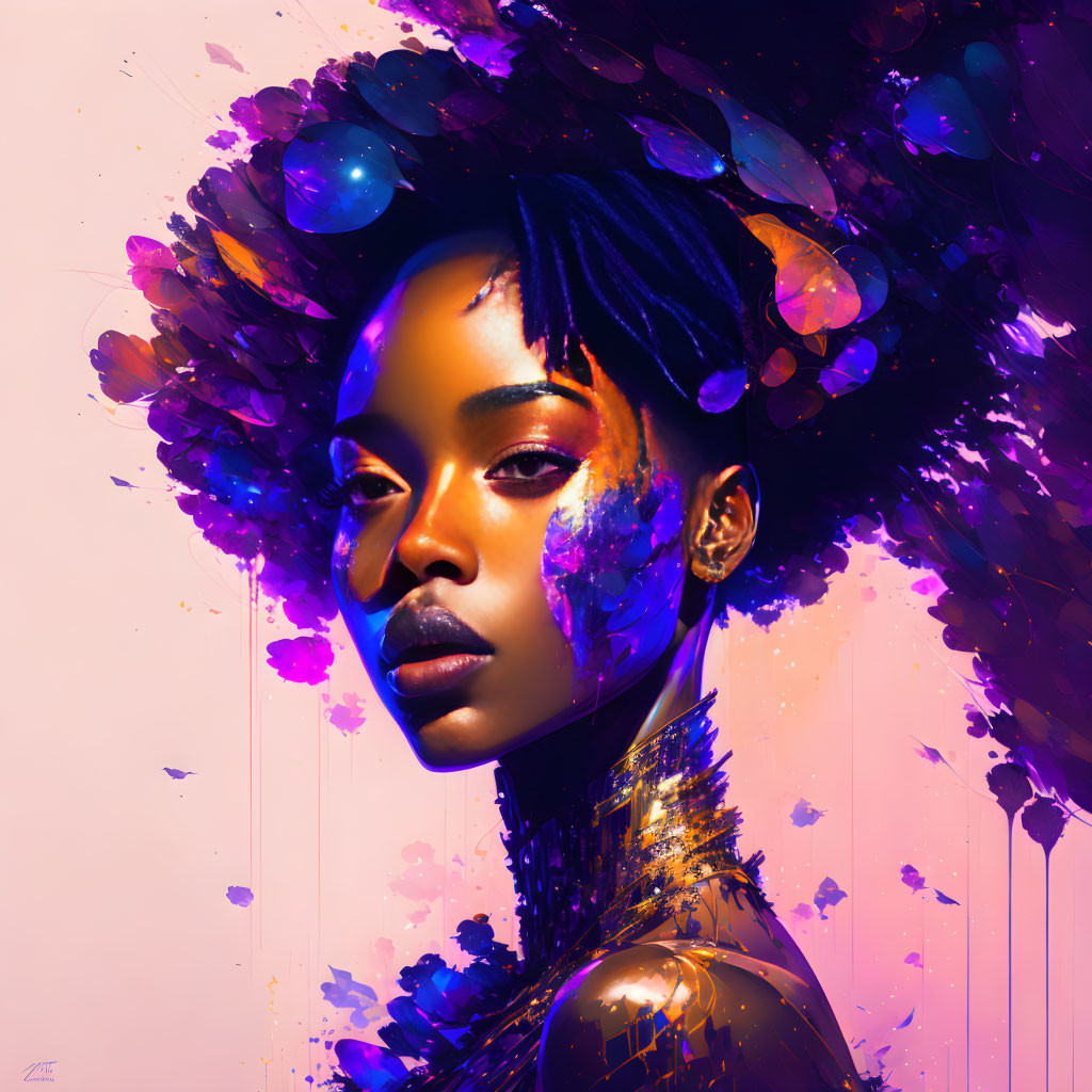 Vibrant digital art portrait featuring woman with afro and paint splatters