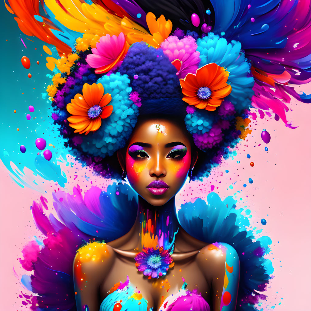 Colorful digital artwork of woman with floral explosion