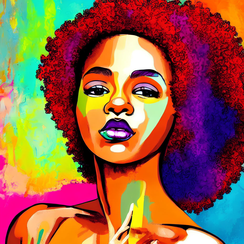 Vibrant digital portrait of woman with red afro & colorful background