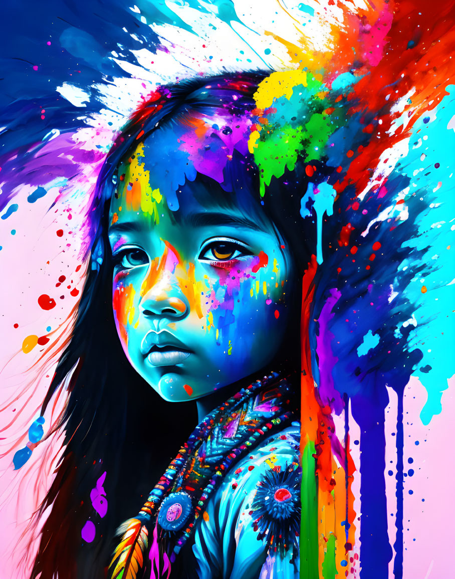 Colorful portrait of young girl with paint explosion blending into features