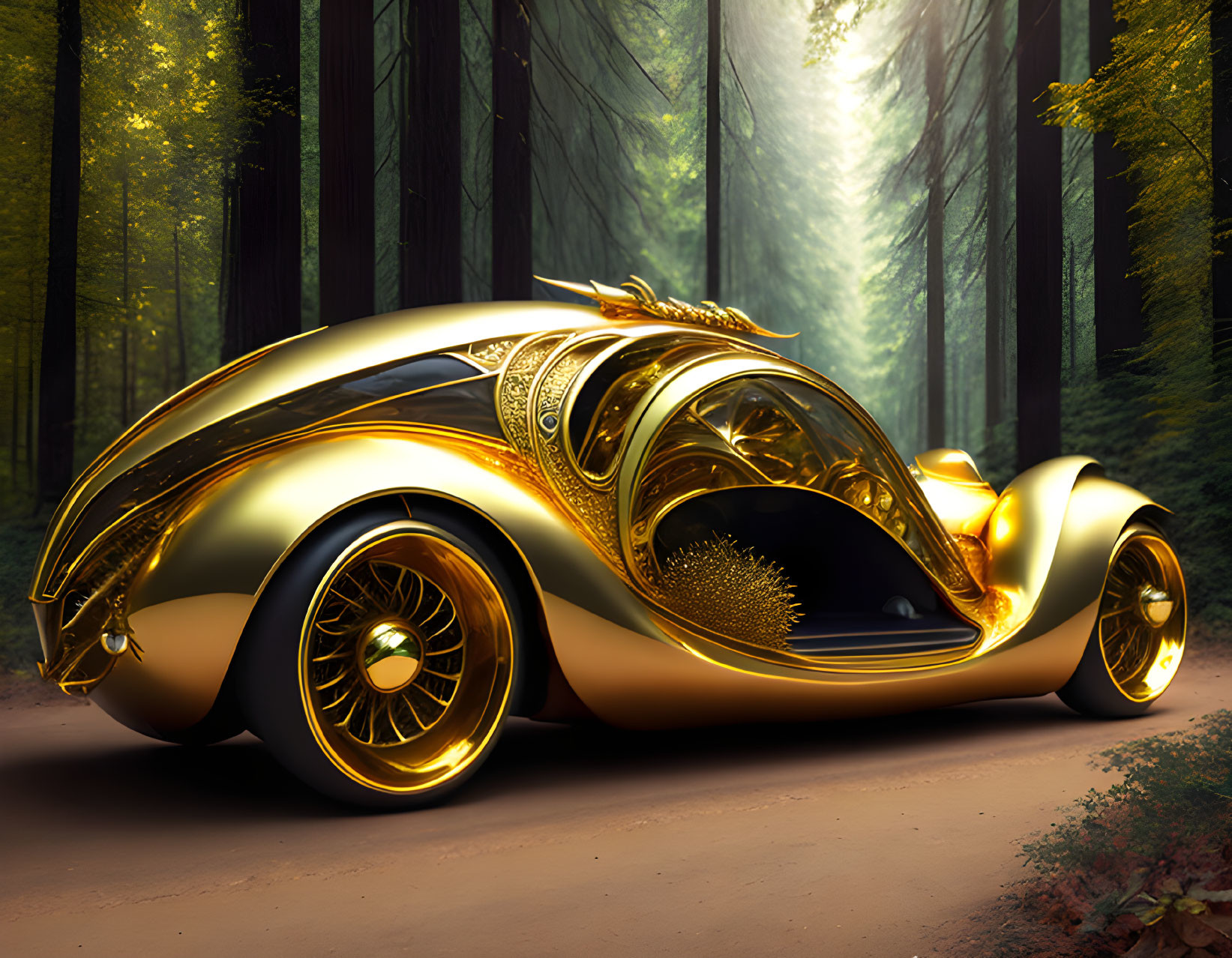 Futuristic gold-colored car in forest setting with organic design lines