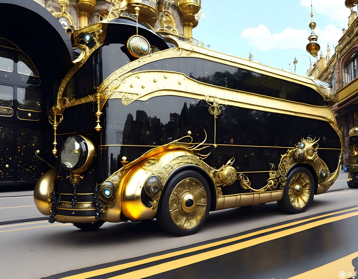 Luxurious Black and Gold Designed Bus with Ornate Decorations parked in Urban Setting