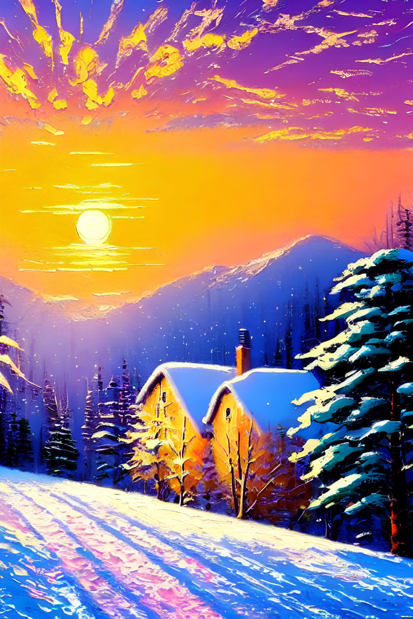 Snowy Landscape Painting: Sunset Cabin & Pine Trees