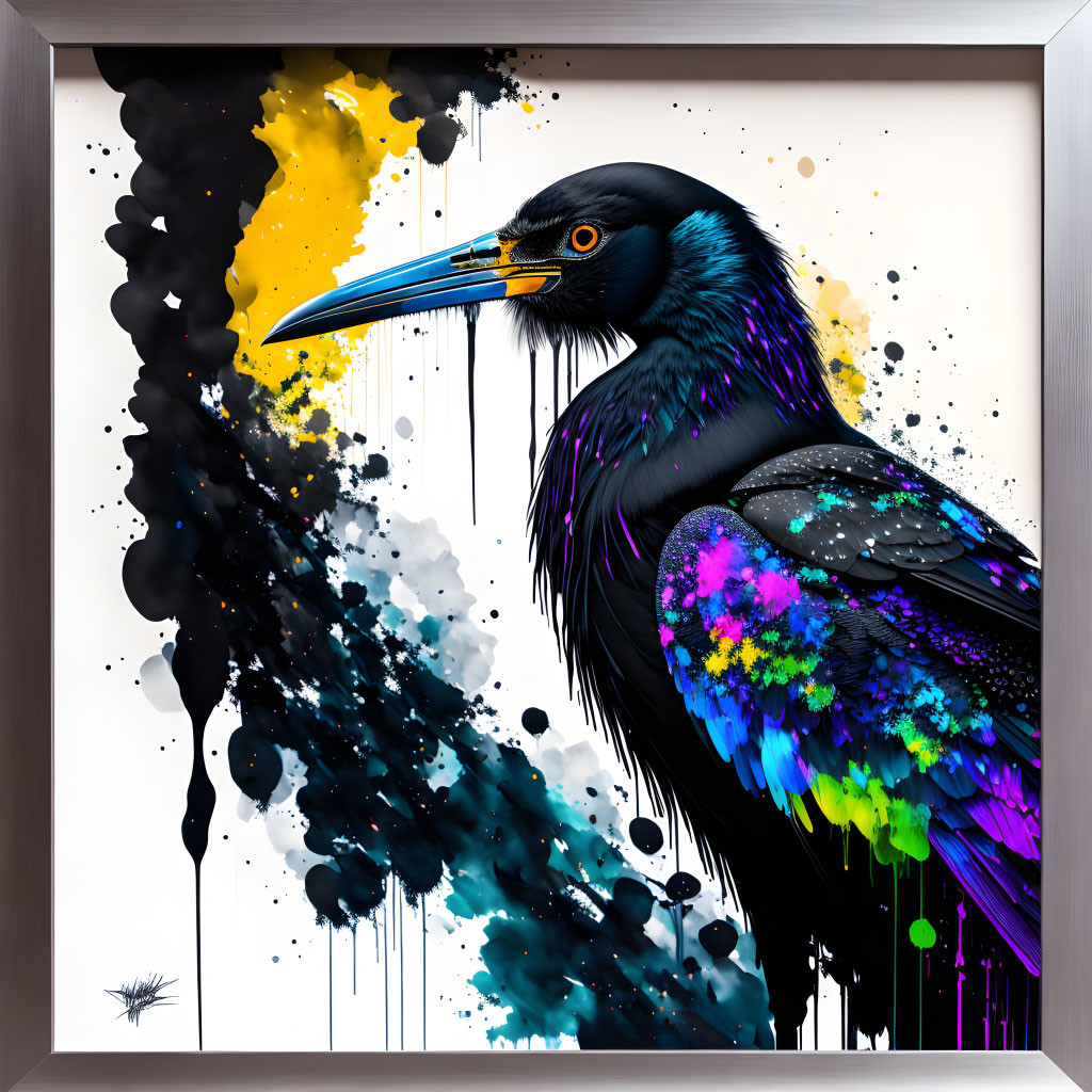 Colorful digital artwork: Glossy black bird with neon splashes on white background