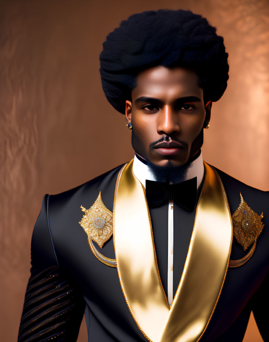 Prominent Afro Man in Black Suit with Gold Shoulder Embellishments