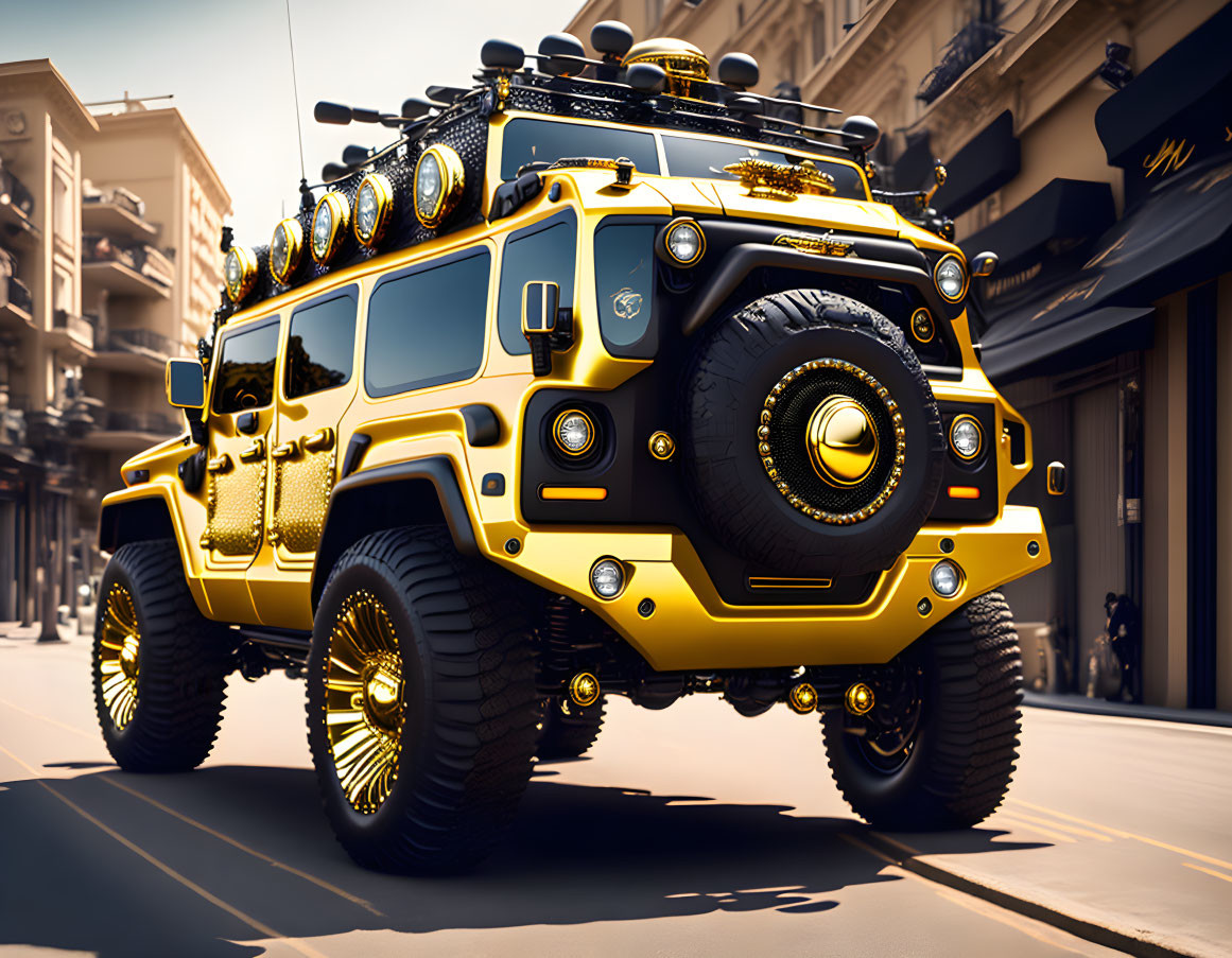 Bright Yellow Modified Off-Road Vehicle with Extra Lights Parked on Urban Street