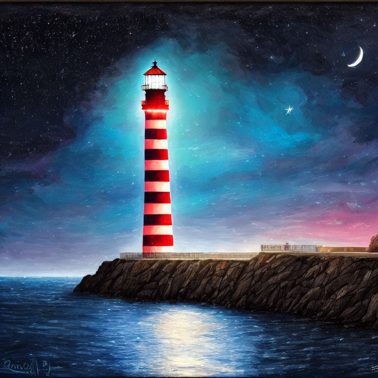 Red and White Striped Lighthouse Painting at Night with Crescent Moon