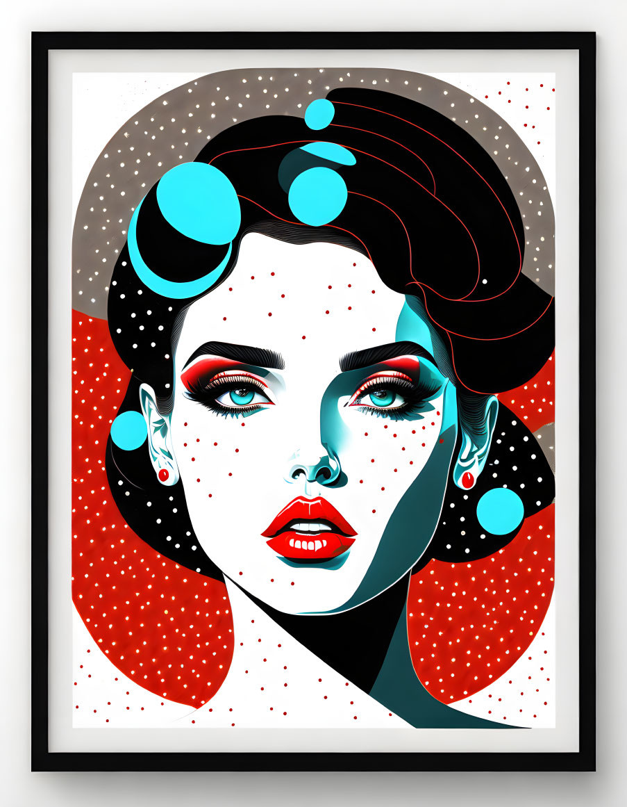 Vibrant pop art portrait of a woman with red lips and teal accents