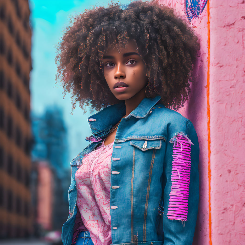 Curly-haired woman in denim jacket against pink city wall