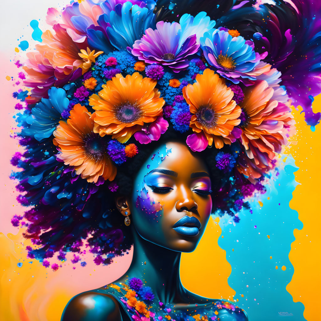 Colorful portrait of a woman with floral headdress in blues, oranges, and purples