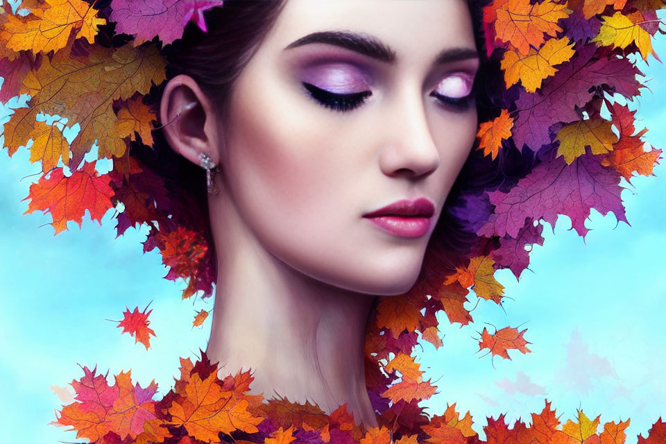 Purple Eyeshadow Woman Surrounded by Autumn Leaves on Blue Background