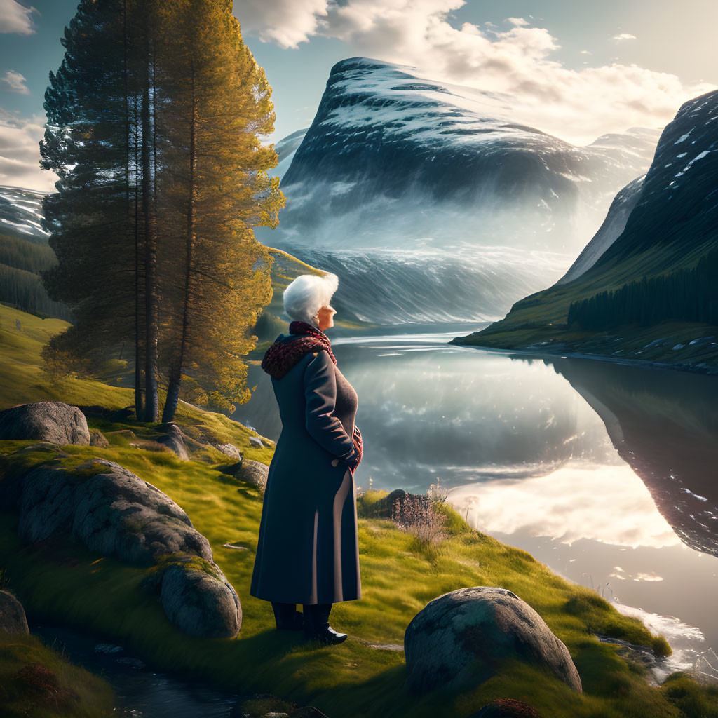 Person in Coat Contemplates Mountains Reflected in Serene Lake