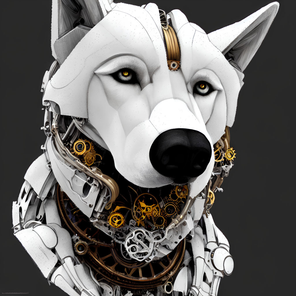 Detailed 3D illustration: White fur mechanical wolf with intricate robotic components.