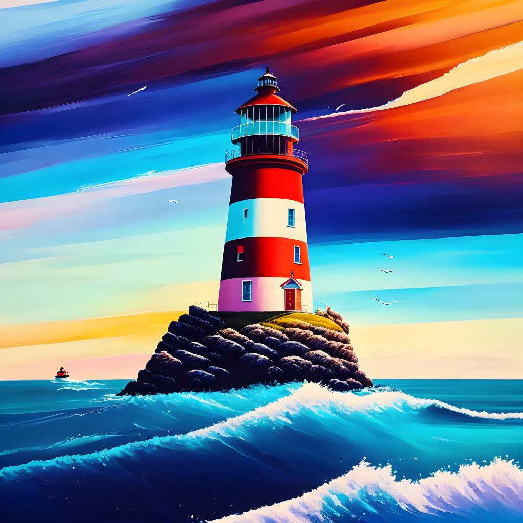 Colorful digital art: Red and white lighthouse on rocky island with dynamic skies, calm seas,