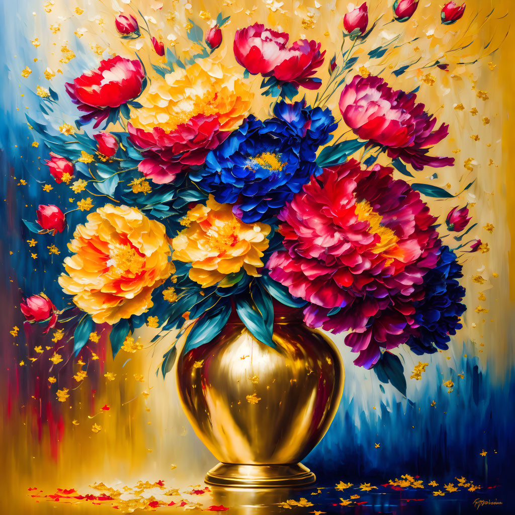 Colorful Flower Bouquet in Golden Vase on Blue and Gold Background