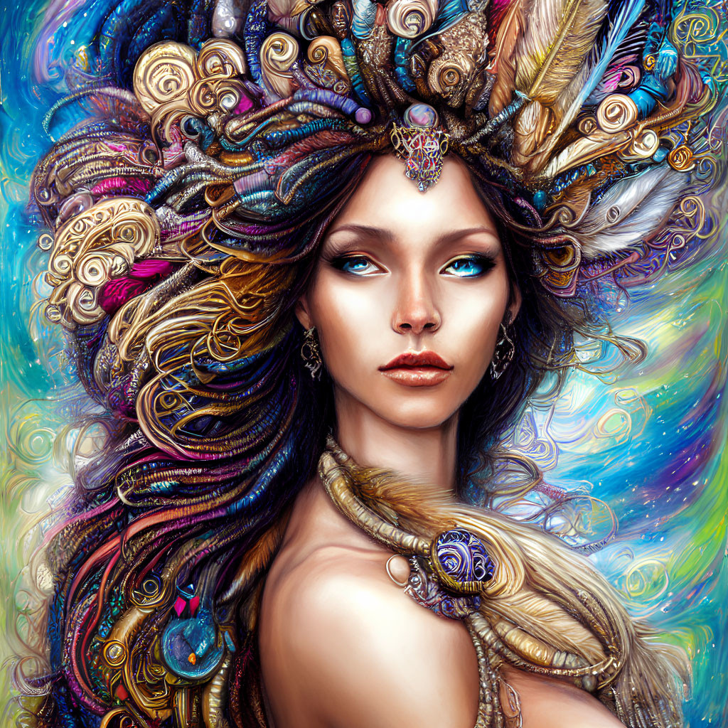 Colorful digital artwork: Woman with feather headdress & swirling background