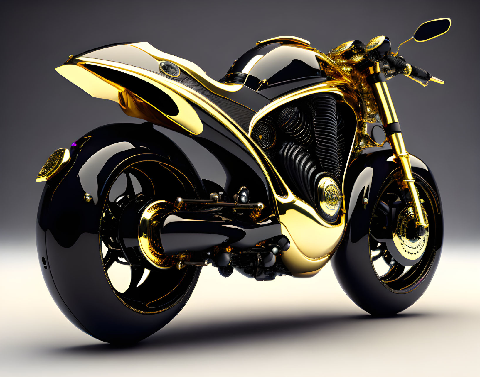 Futuristic golden and black motorcycle with aerodynamic design