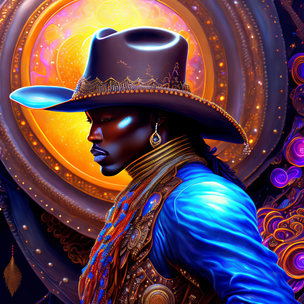 Colorful digital artwork: Person in cowboy hat against cosmic backdrop