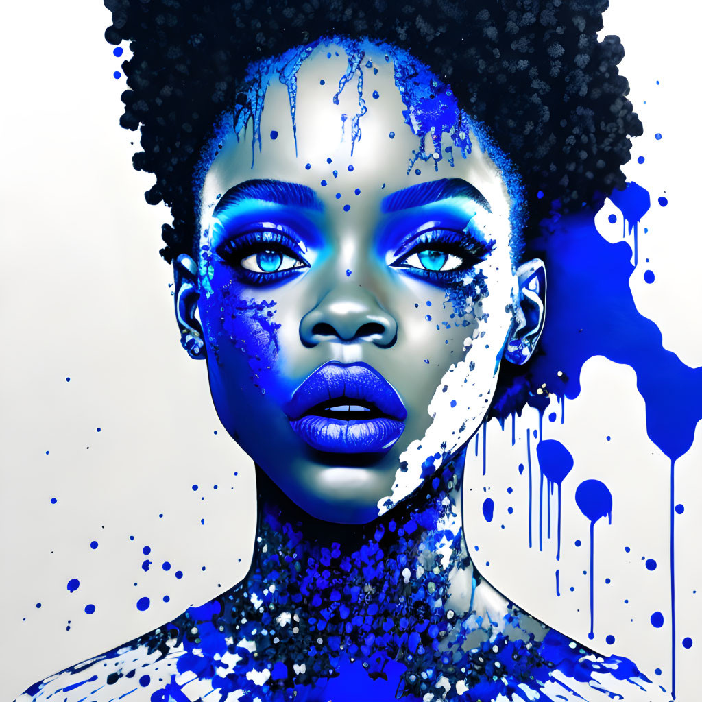 Portrait of woman with deep blue skin tones and dripping paint effects