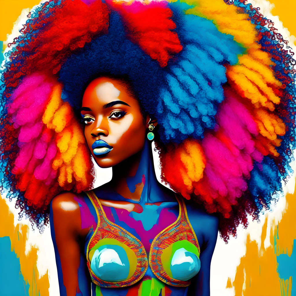 Colorful digital artwork: Woman with voluminous afro hairstyle on bright blue backdrop