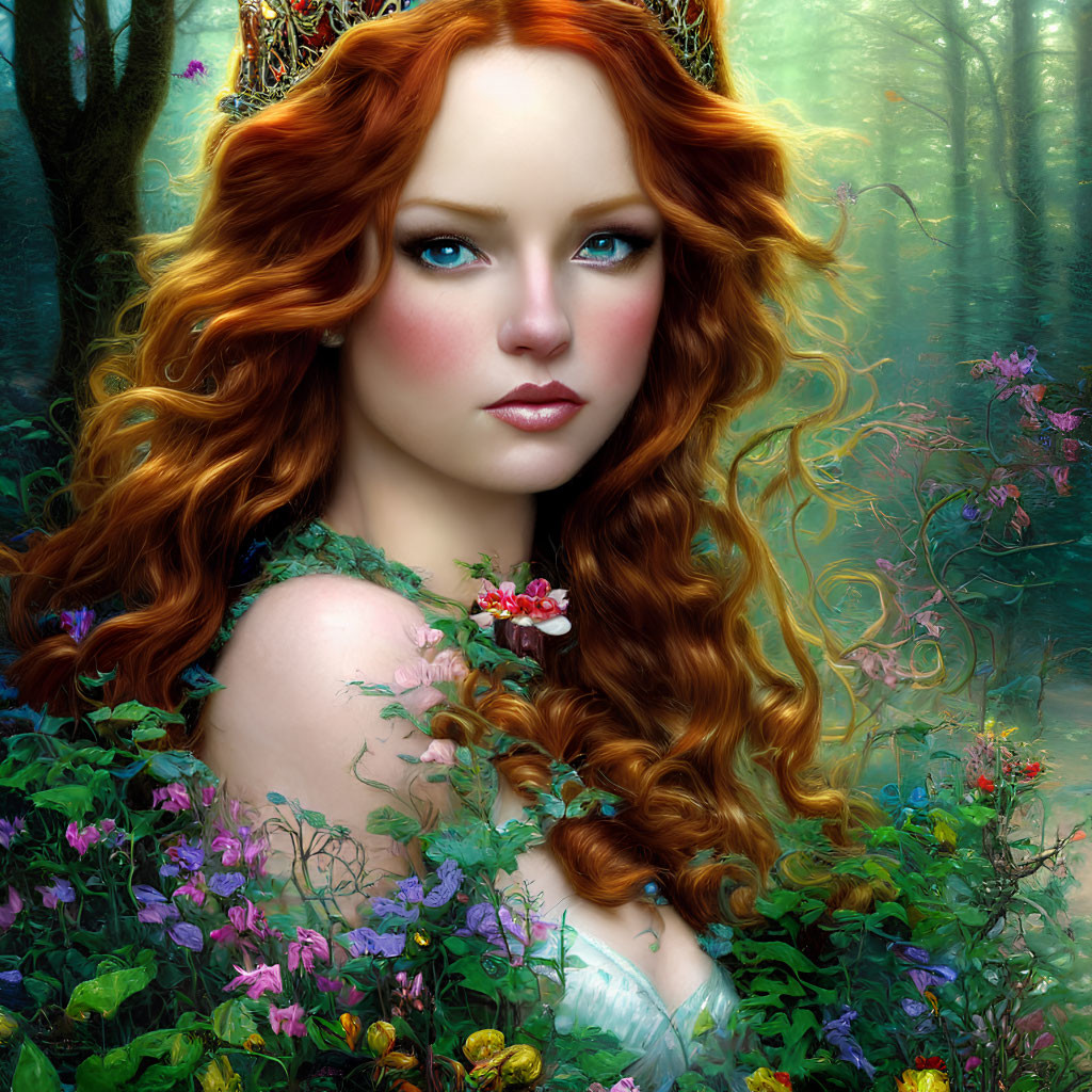 Digital artwork featuring woman with red hair in mystical forest