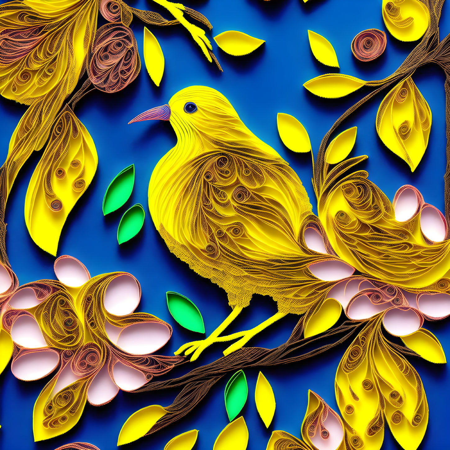 Colorful digital artwork: Yellow bird on quilled paper branch amid leaves