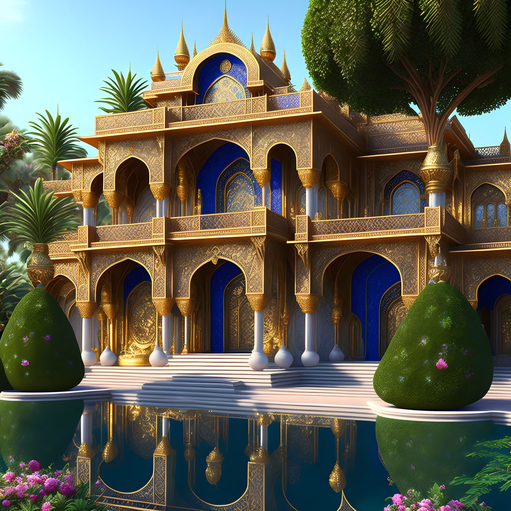 Golden fantasy palace with arches and domes reflected in tranquil water - lush greenery.