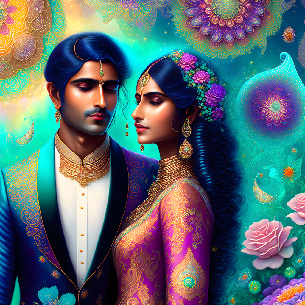 Traditional Indian couple illustration with vibrant ornate background