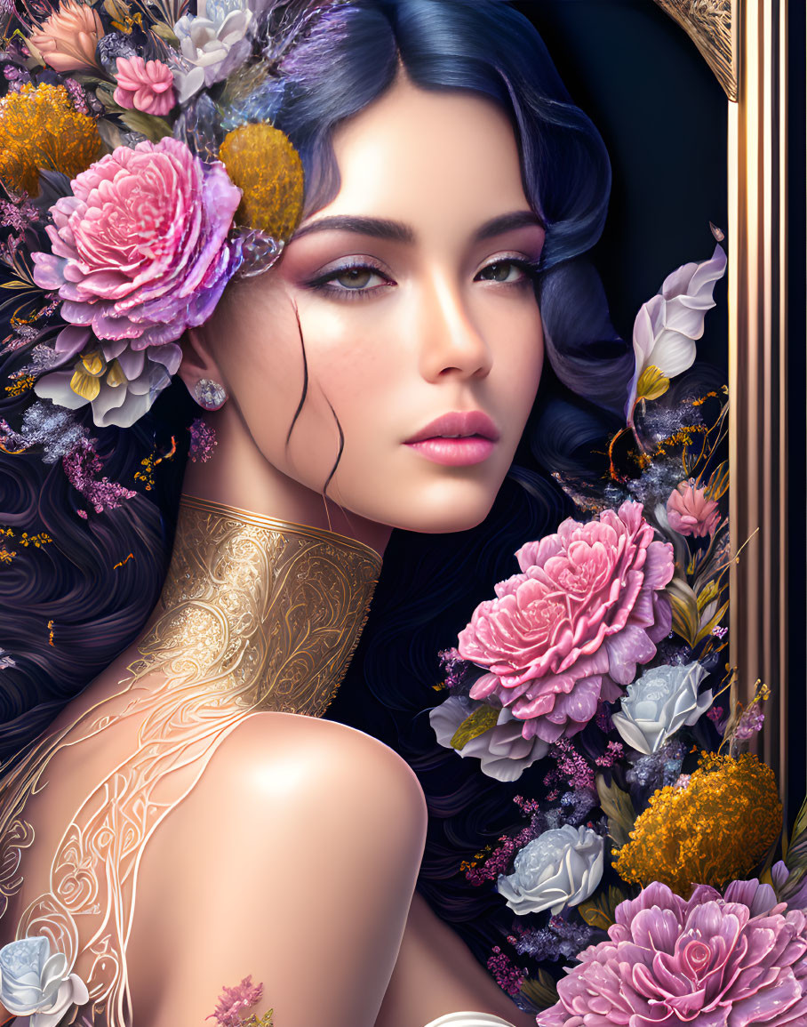 Digital portrait of woman with floral hair adornments and gold skin accents.