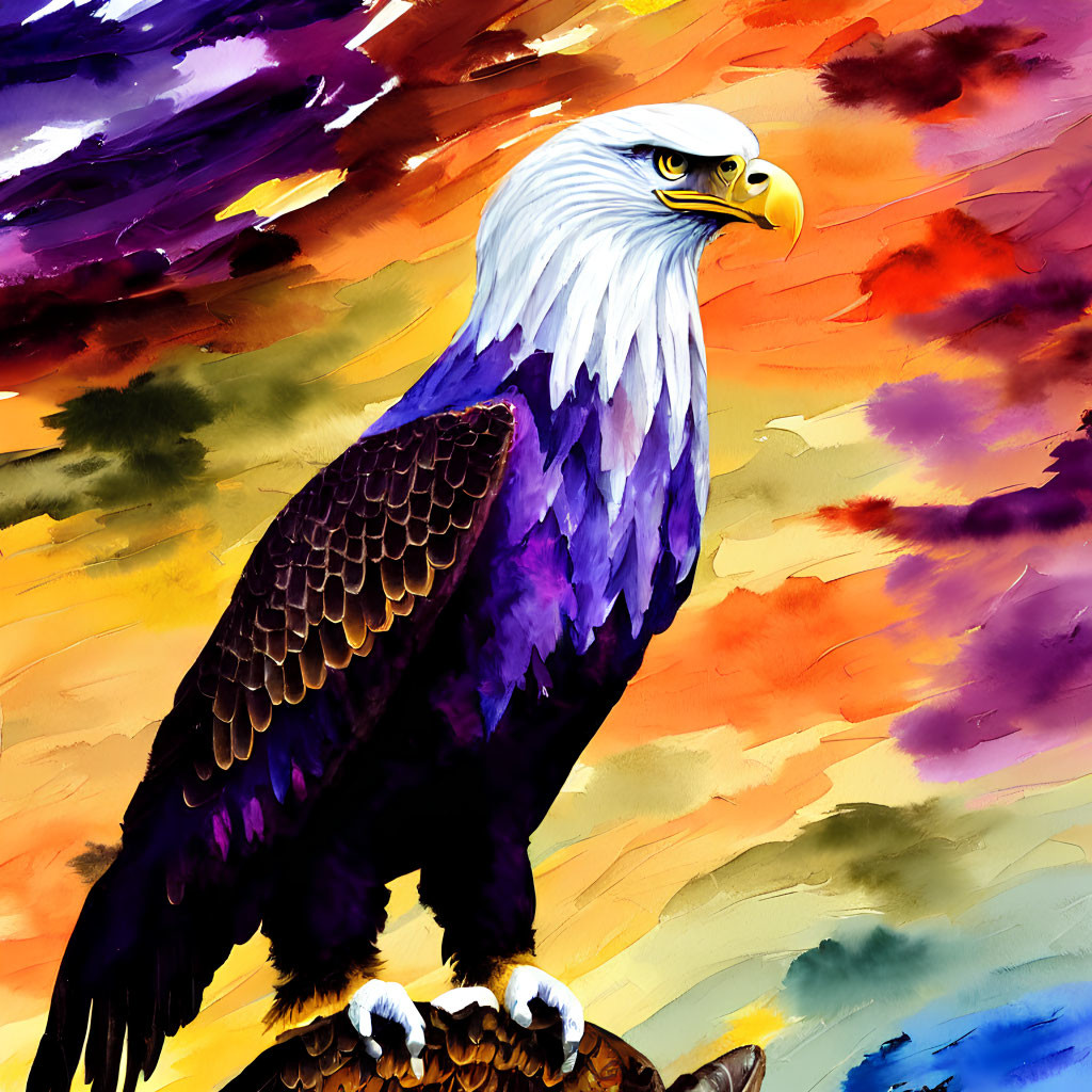 Majestic eagle illustration in vibrant plumage against colorful sky