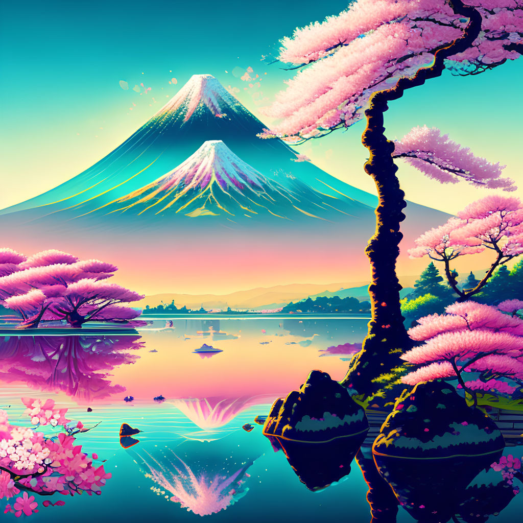 Digital artwork: Mount Fuji, cherry blossoms, colorful sky