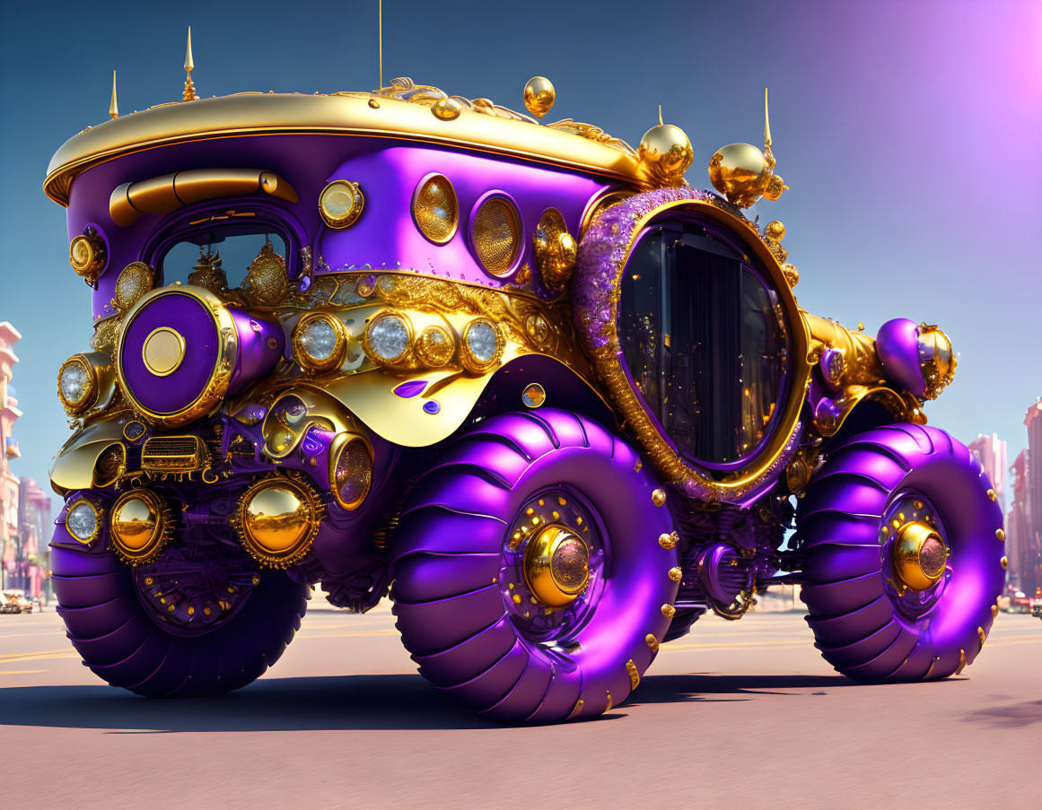 Luxurious golden-purple vehicle with ornate designs and large wheels parked on a sunlit urban street