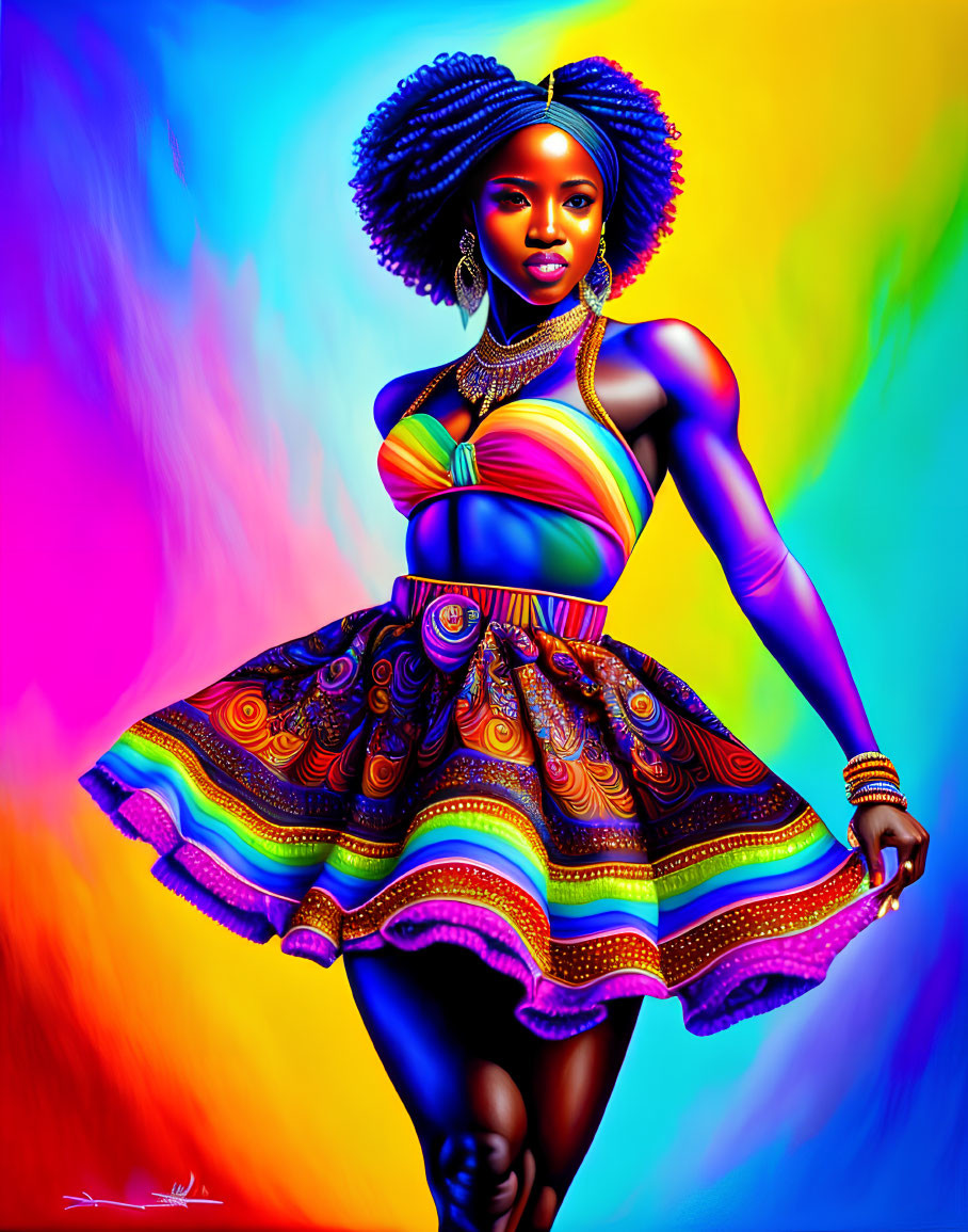 Colorful digital artwork of woman with blue bantu knots in vibrant dress