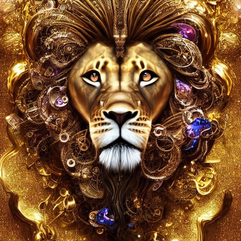 Golden maned lion with gears and jewels on clockwork background