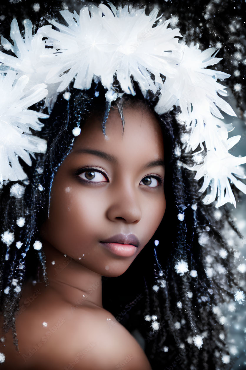 Young Person with White Flower Crown and Snowflakes in Hair on Dark Background