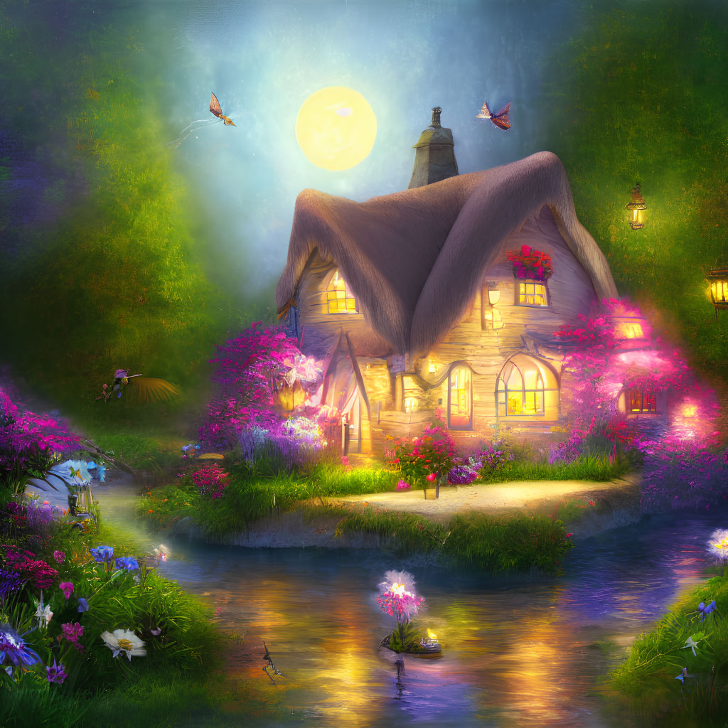 Thatched Cottage Surrounded by Flowers Under Full Moon