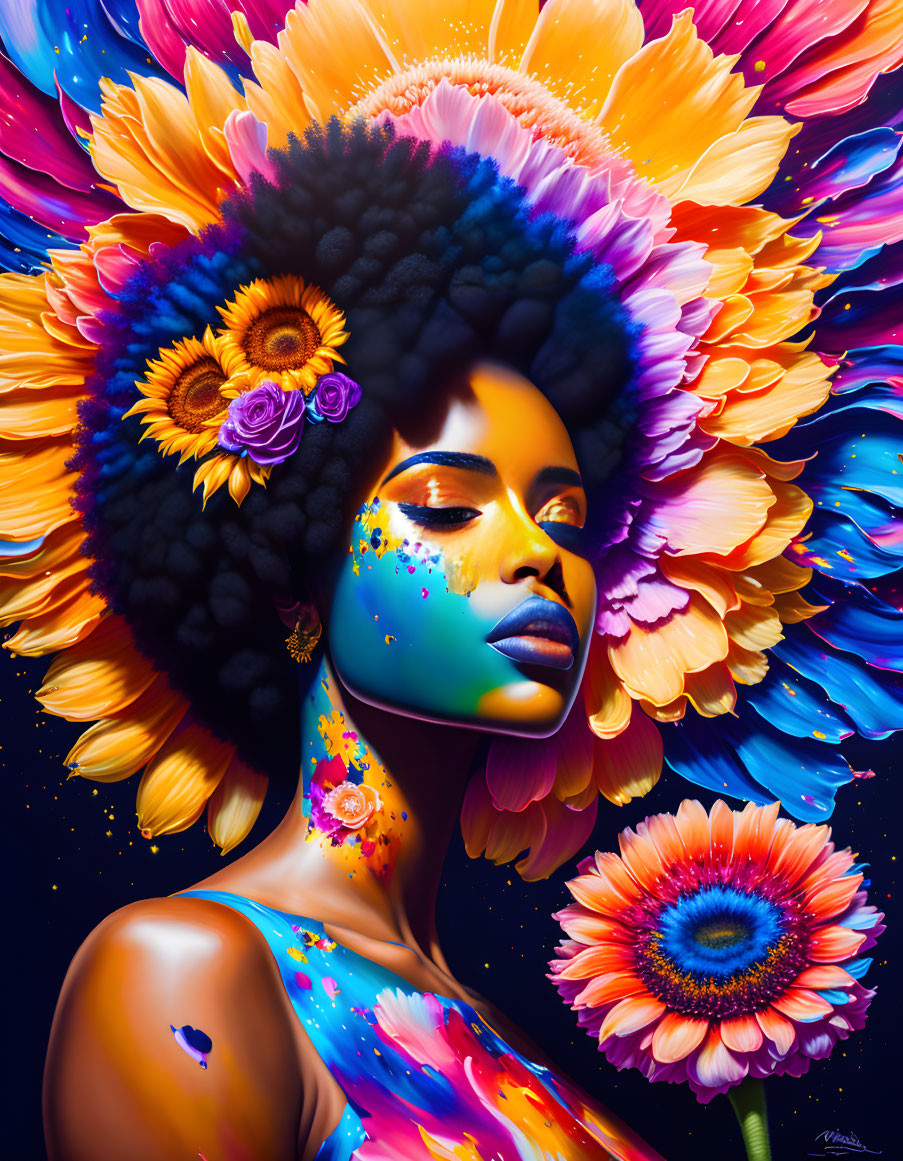 Colorful portrait of woman with afro and vibrant flowers backdrop.