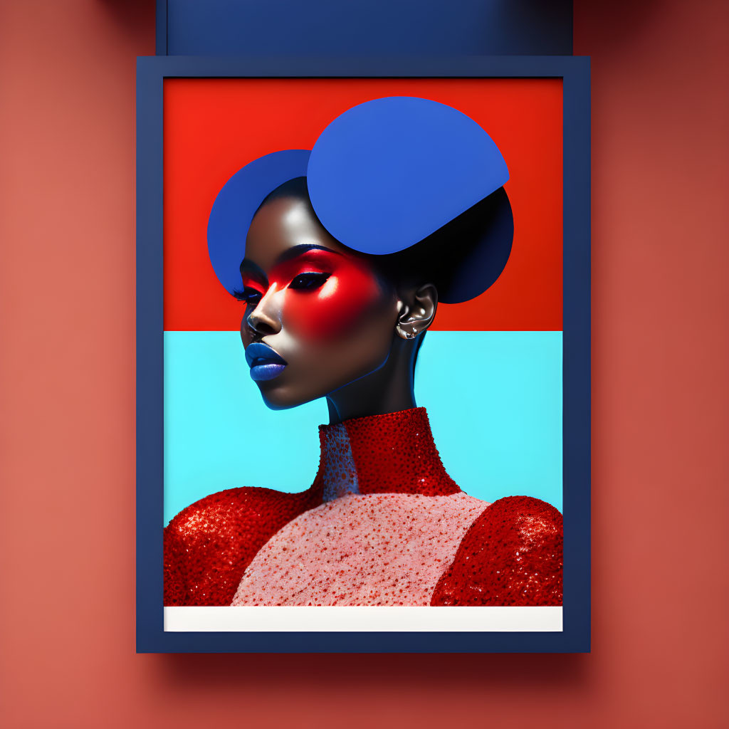 Vibrant woman with red makeup, blue geometric backdrop, and textured red attire