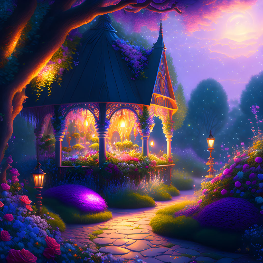 Enchanting twilight garden with glowing gazebo and vibrant flowers