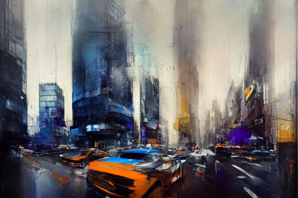 Blurred rain-soaked cityscape with vibrant yellow taxis