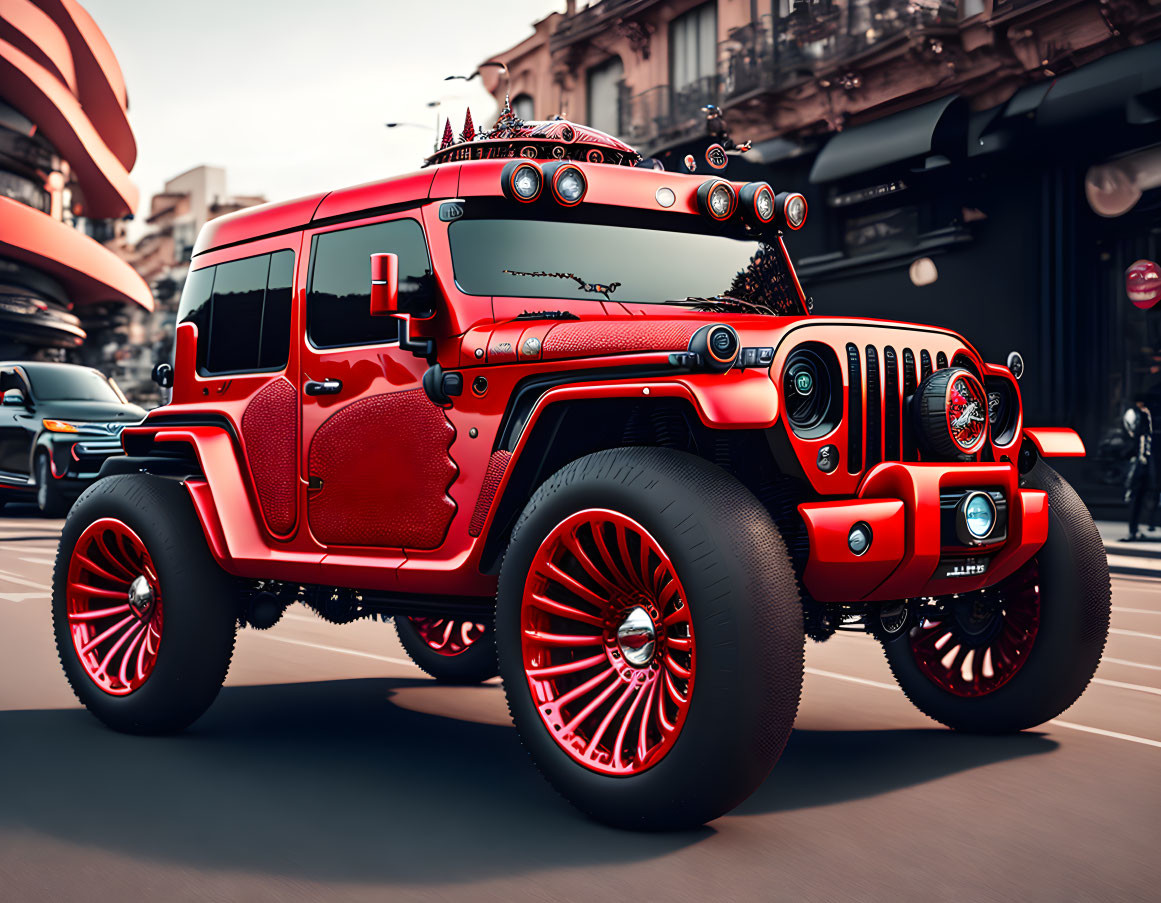 Custom Red Jeep Wrangler with Oversized Wheels and Extra Lighting in Urban Setting