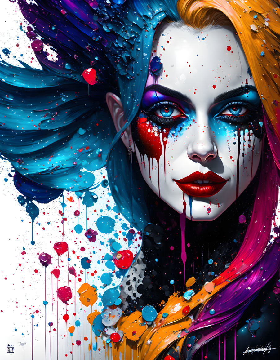 Vibrant digital artwork of a woman's face with blue and red paint splashes