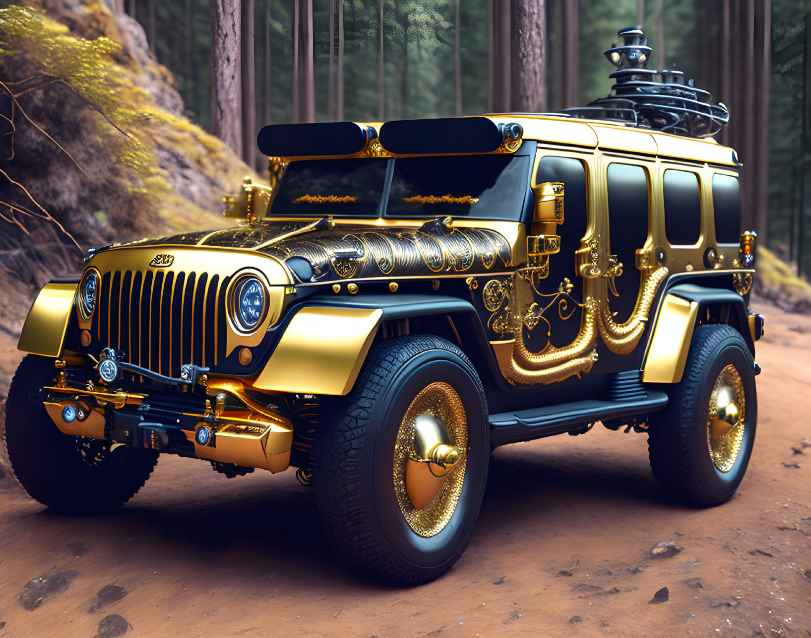 Luxurious Gold and Black Jeep with Intricate Designs in Forest Setting