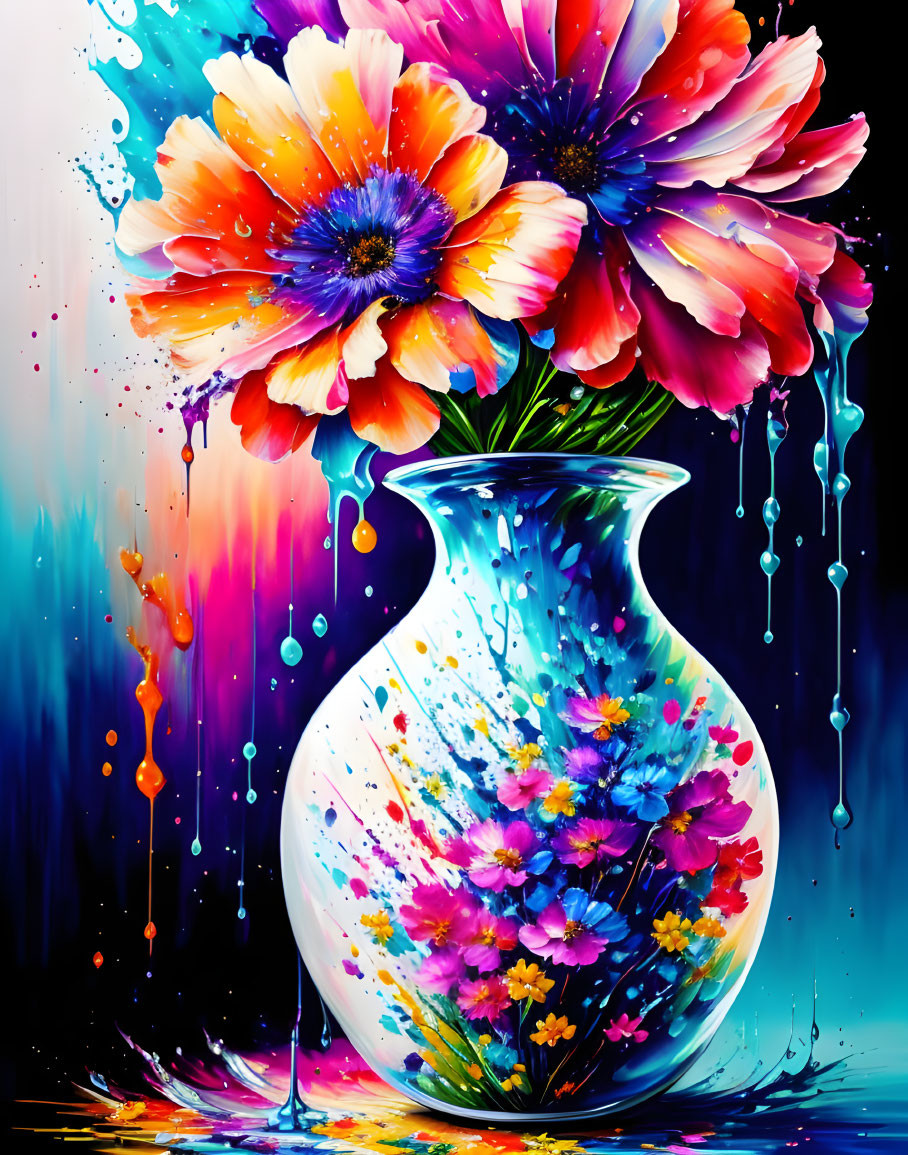 Colorful Flower Painting with Melting Effect in White Vase