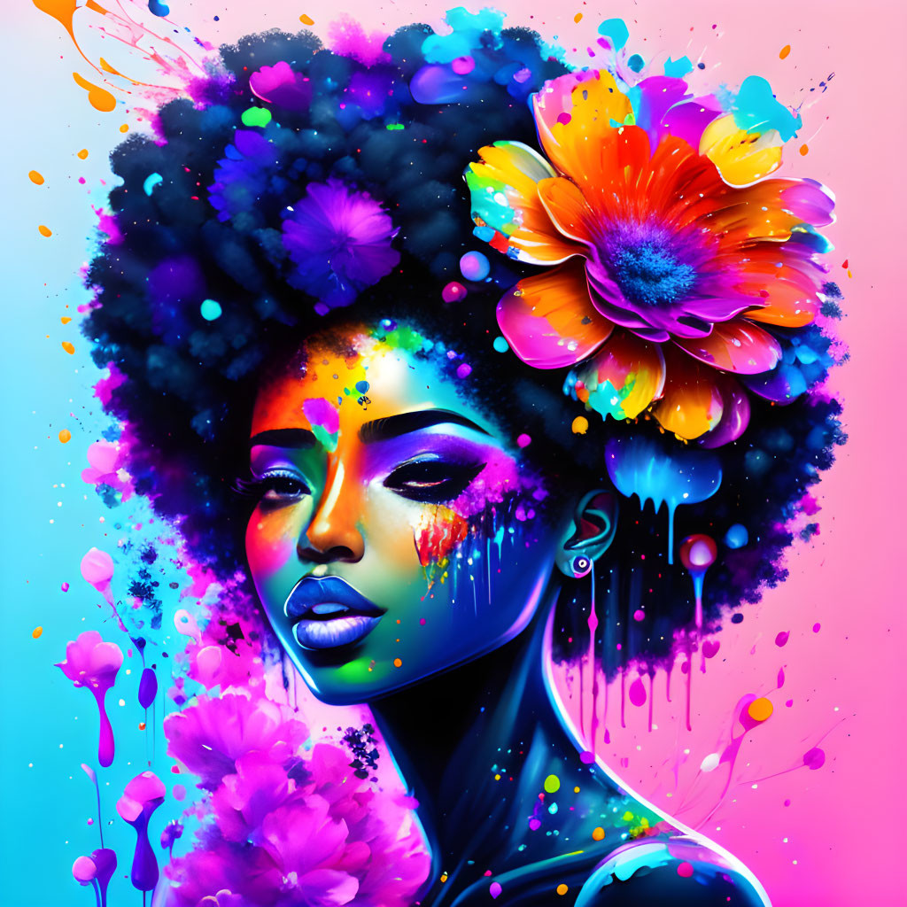 Colorful digital artwork: Woman with afro and floral adornments in vibrant display