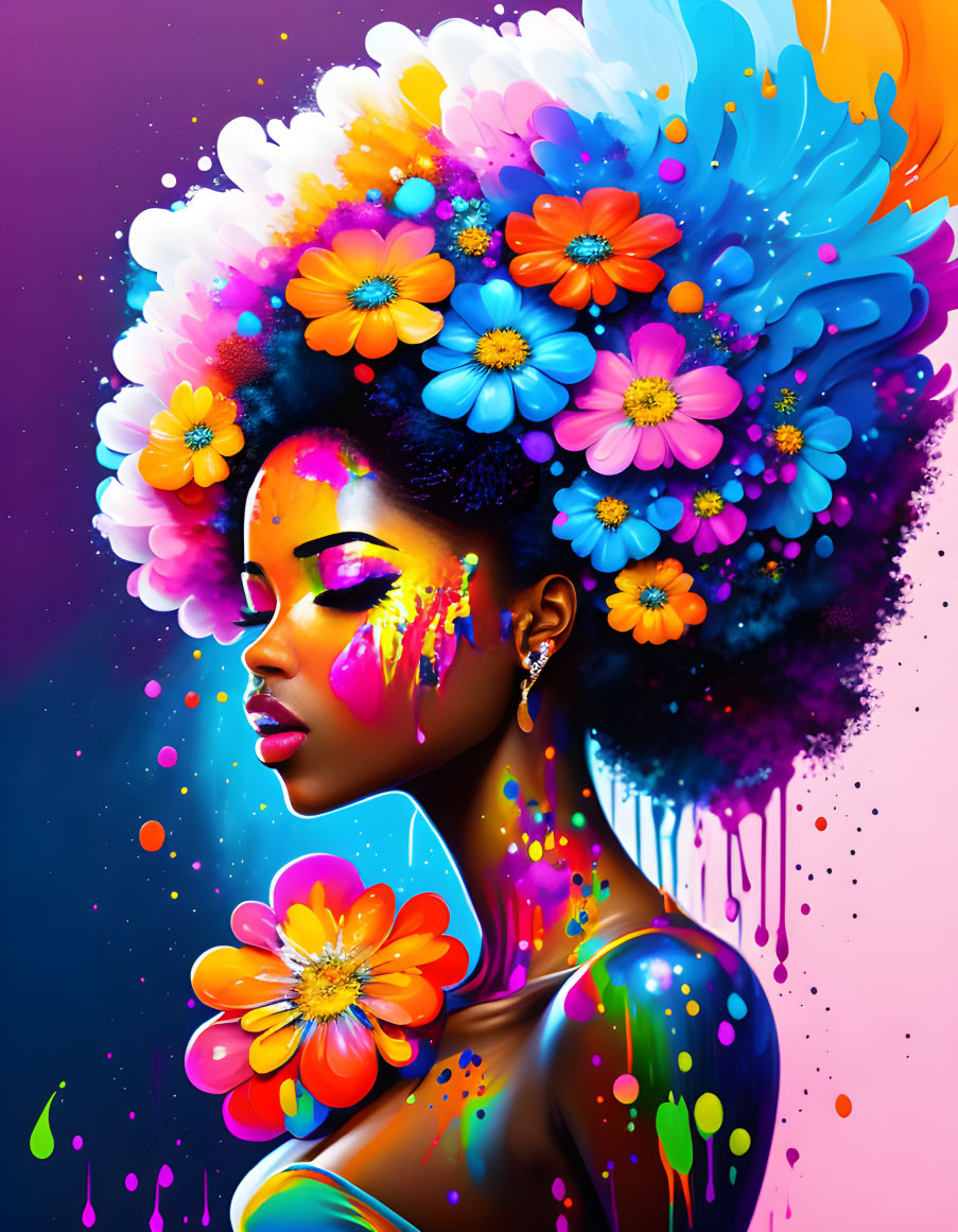 Colorful digital artwork of woman with paint strokes and floral hair decoration